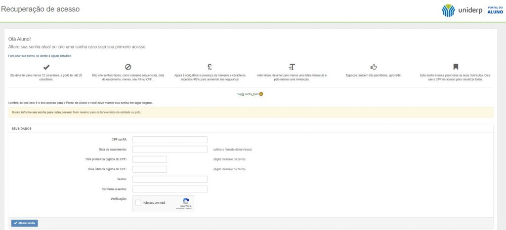 print recuperar senha portal uniderp